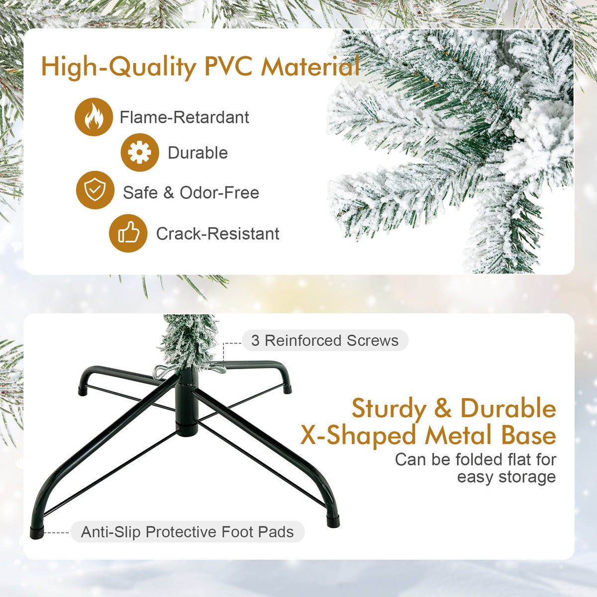 6 Ft Artificial Snow-Flocked Hinged Christmas Tree with Metal Stand