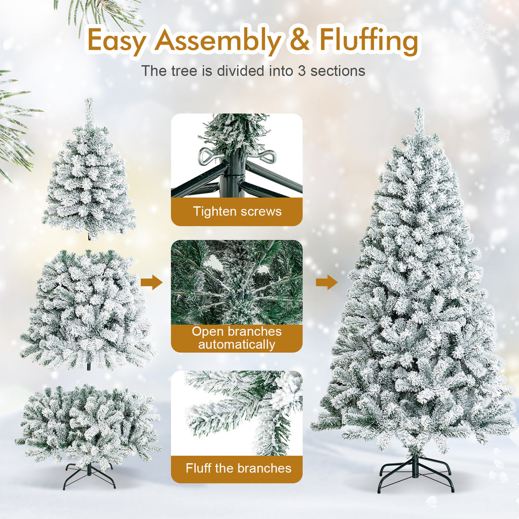 6 Ft Artificial Snow-Flocked Hinged Christmas Tree with Metal Stand