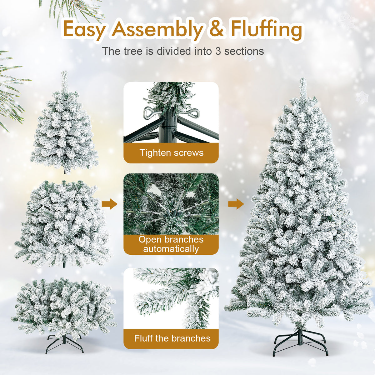 6 Ft Artificial Snow-Flocked Hinged Christmas Tree with Metal Stand