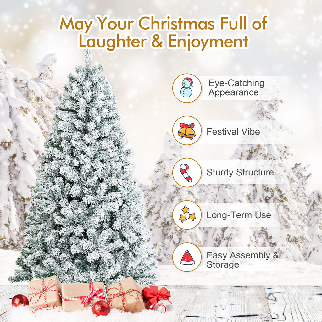 6 Ft Artificial Snow-Flocked Hinged Christmas Tree with Metal Stand