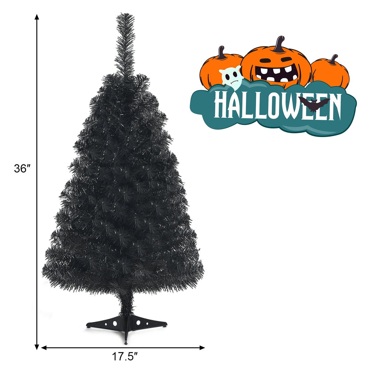 Black 36 Inch Unlit Artificial Christmas Mini Tree with Plastic Stand