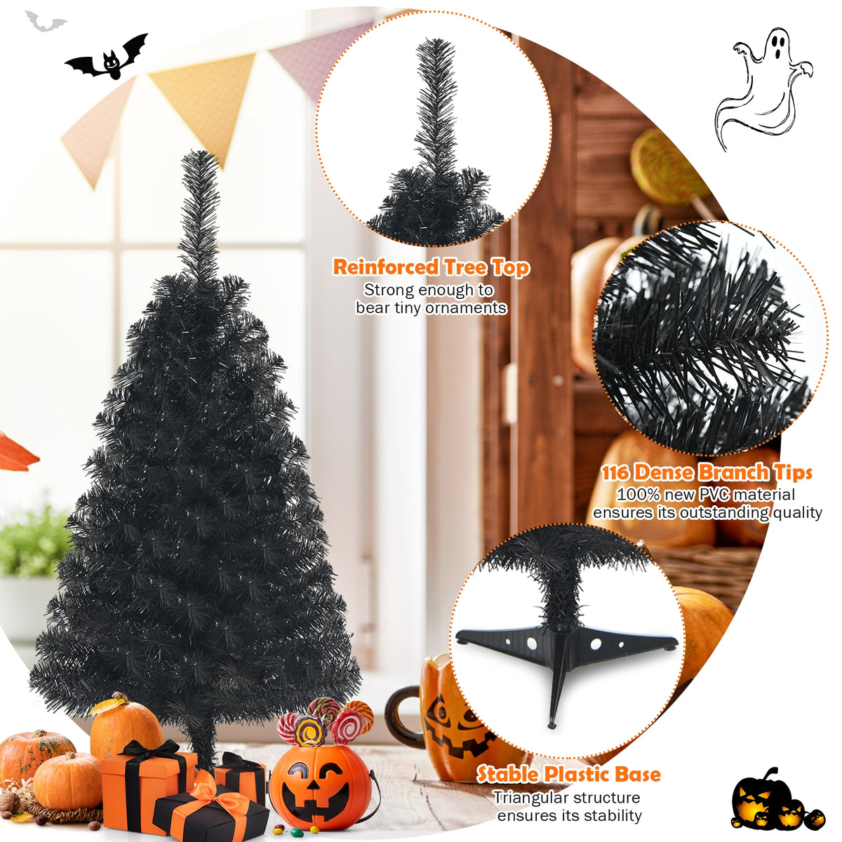 Black 36 Inch Unlit Artificial Christmas Mini Tree with Plastic Stand