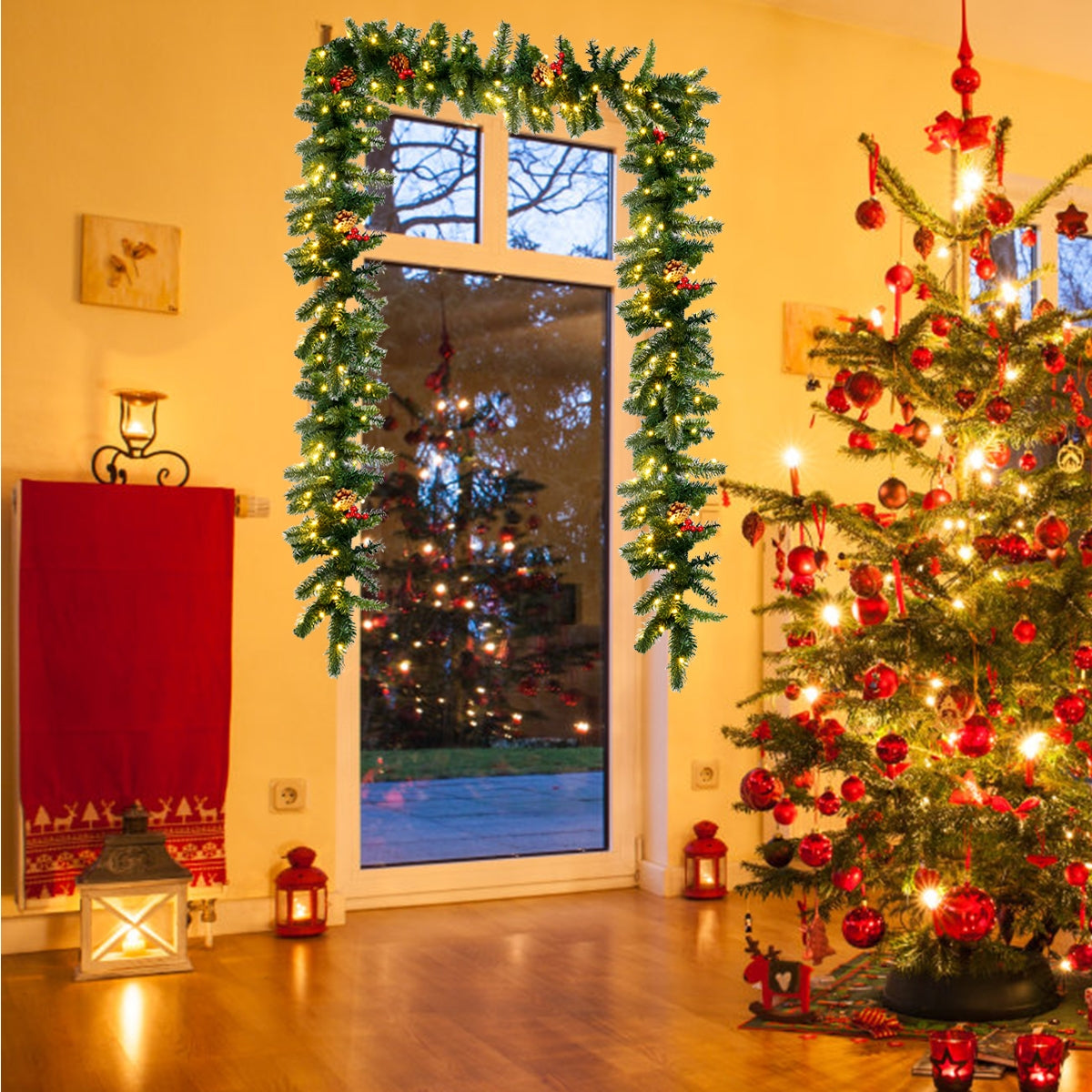 9 Feet Pre-lit Artificial Christmas Garland with Red Berries and LED Lights - Green Variation