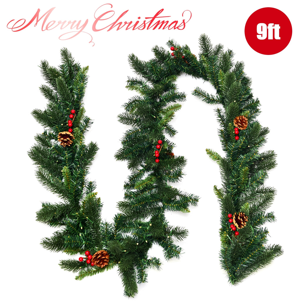 9 Feet Pre-lit Artificial Christmas Garland with Red Berries and LED Lights - Green Variation