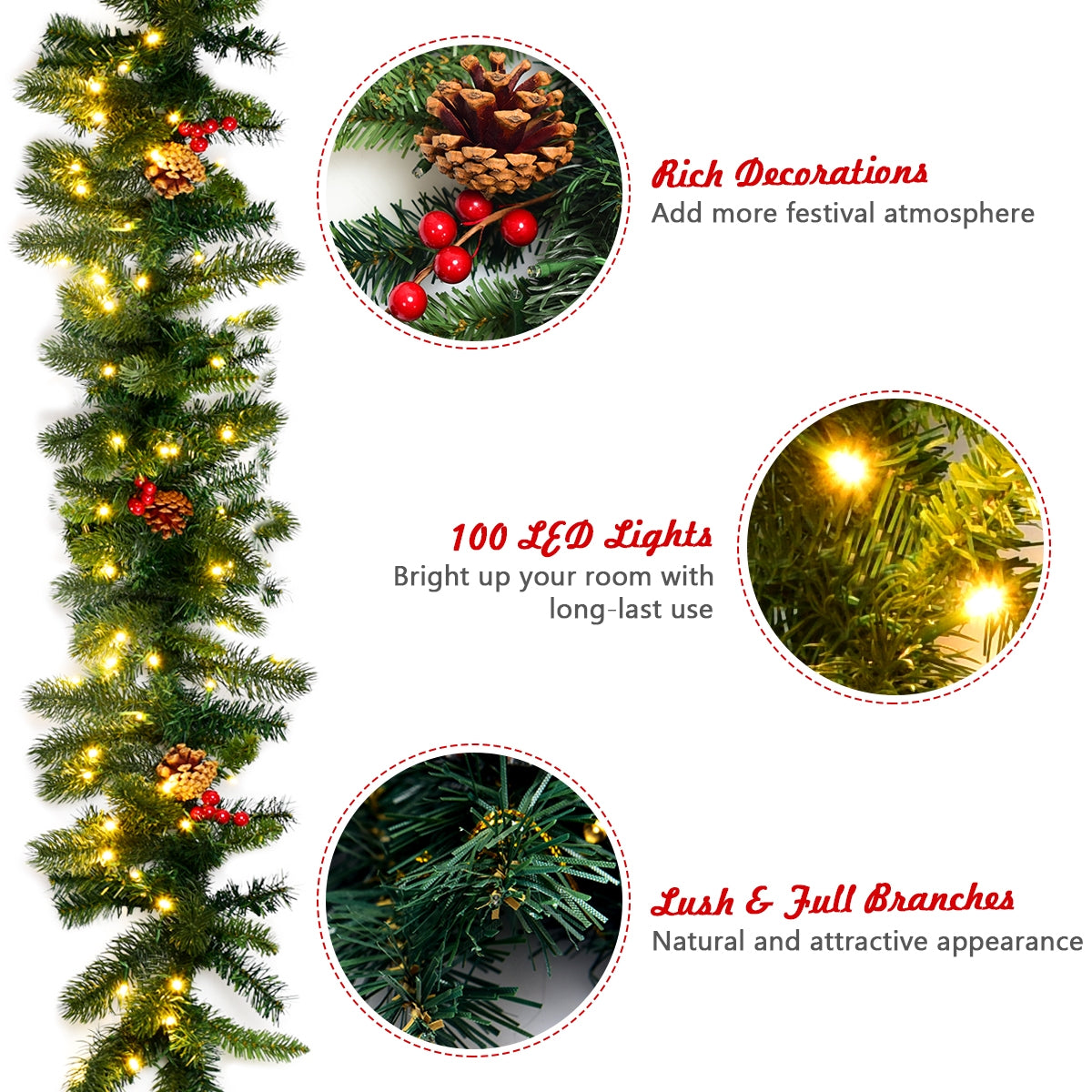 9 Feet Pre-lit Artificial Christmas Garland with Red Berries and LED Lights - Green Variation
