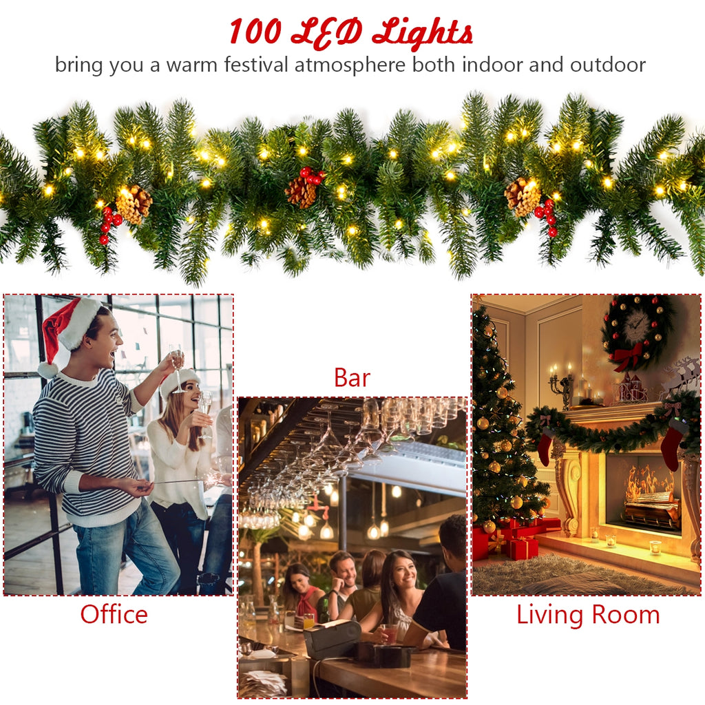 9 Feet Pre-lit Artificial Christmas Garland with Red Berries and LED Lights - Green Variation