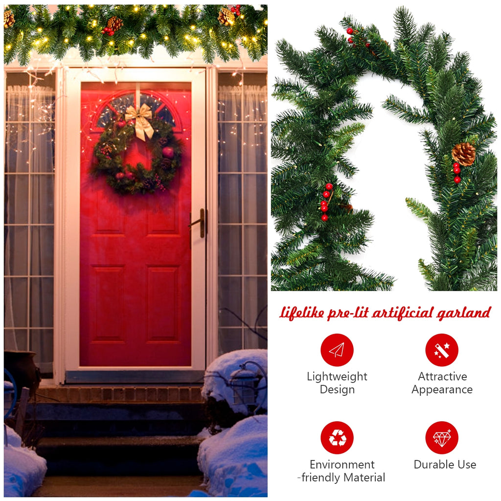 9 Feet Pre-lit Artificial Christmas Garland with Red Berries and LED Lights - Green Variation