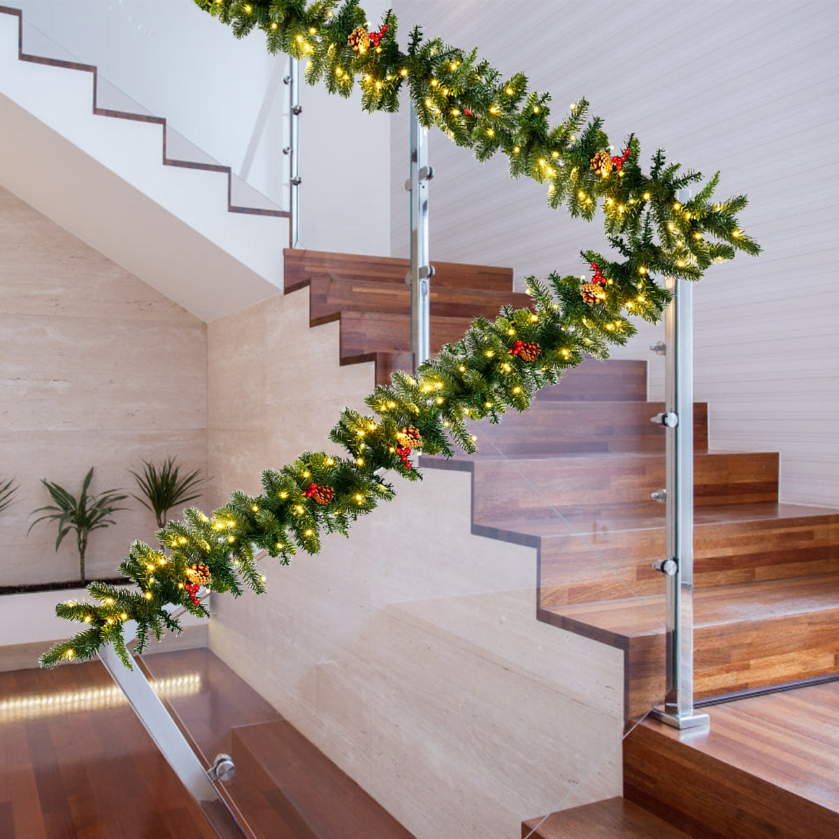 9 Feet Pre-lit Artificial Christmas Garland with Red Berries and LED Lights - Green Variation