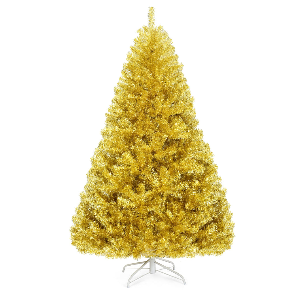 6 ft Artificial Tinsel Christmas Tree with Hinged Branches & Foldable Stand - Champagne Gold