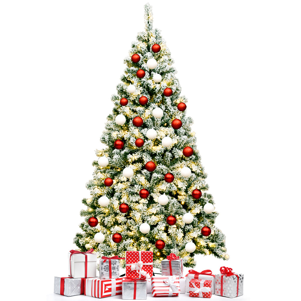 Pre-Lit Snow Flocked Artificial Christmas Tree - 6 Feet, Full Bodied with Warm LED Lights