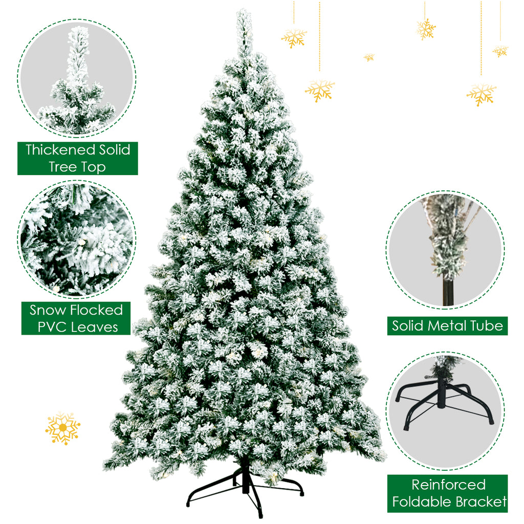 Pre-Lit Snow Flocked Artificial Christmas Tree - 6 Feet, Full Bodied with Warm LED Lights