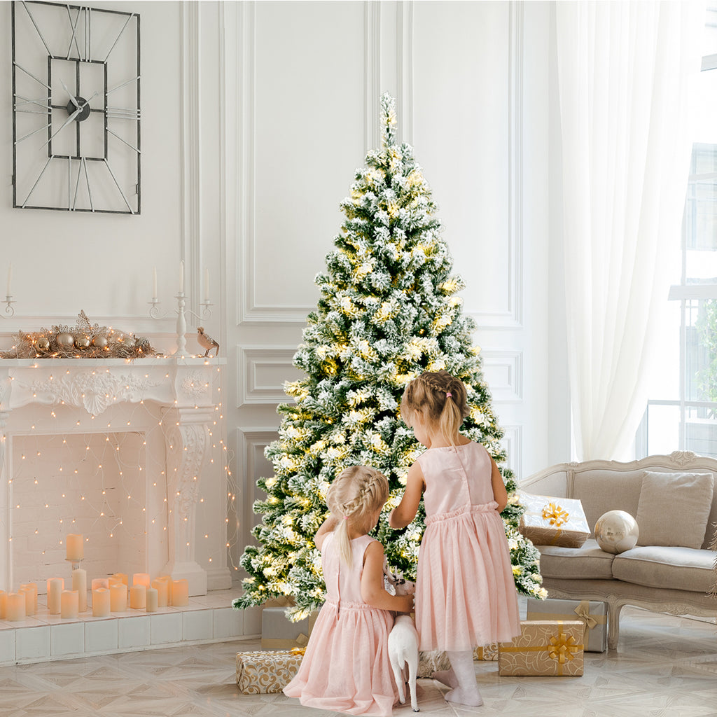 Pre-Lit Snow Flocked Artificial Christmas Tree - 6 Feet, Full Bodied with Warm LED Lights