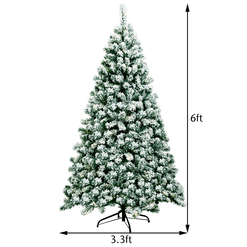 Pre-Lit Snow Flocked Artificial Christmas Tree - 6 Feet, Full Bodied with Warm LED Lights
