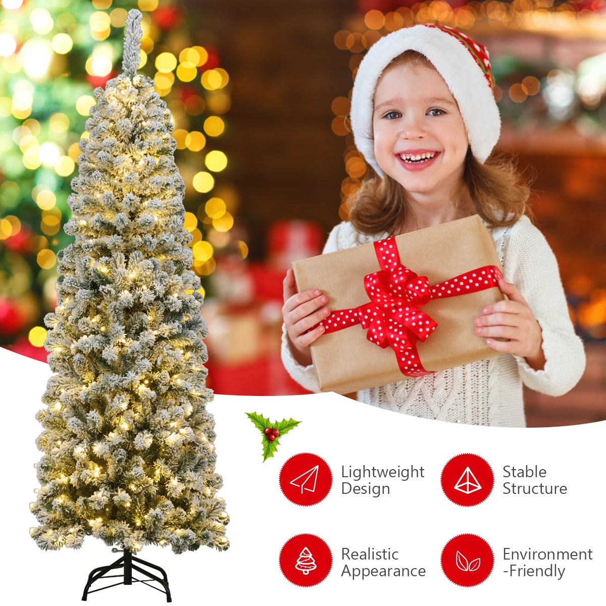 Pre-lit Snow Flocked Artificial Christmas Tree - 6 Feet with 250 LED Lights