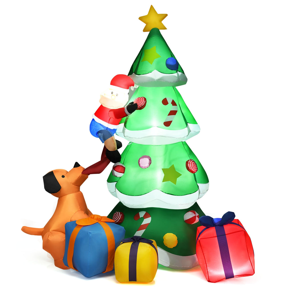 Inflatable Christmas Tree with Santa Puppy & LED Lights - 7 Feet, Dog Chasing Santa Variation