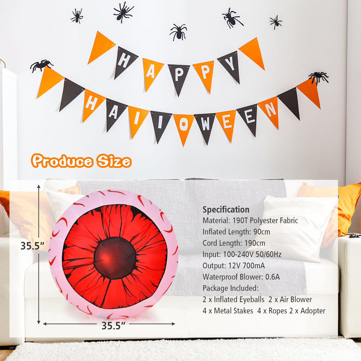 Halloween Inflatable Eyeballs with Air Blower - 2 Pack, Scary Decor