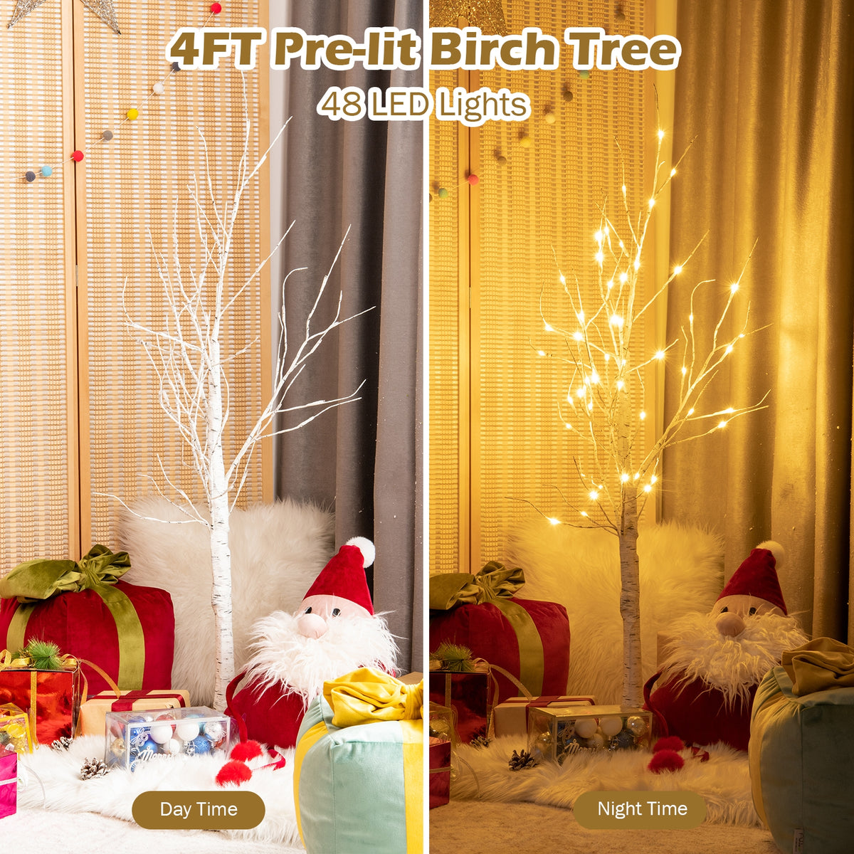 4 ft Pre-lit White Birch Tree for Christmas Holiday Indoor Decor with LED Lights