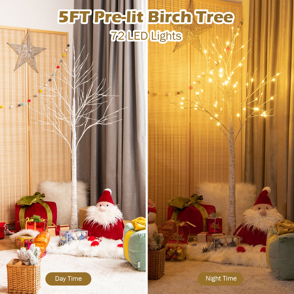 5 Feet Pre-lit Birch Tree with 72 LED Lights Indoor Christmas Decoration