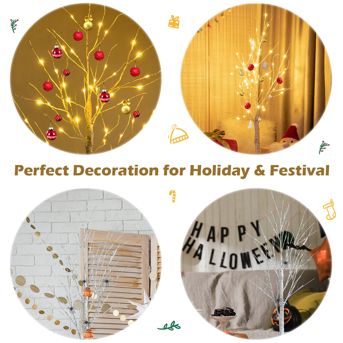 5 Feet Pre-lit Birch Tree with 72 LED Lights Indoor Christmas Decoration