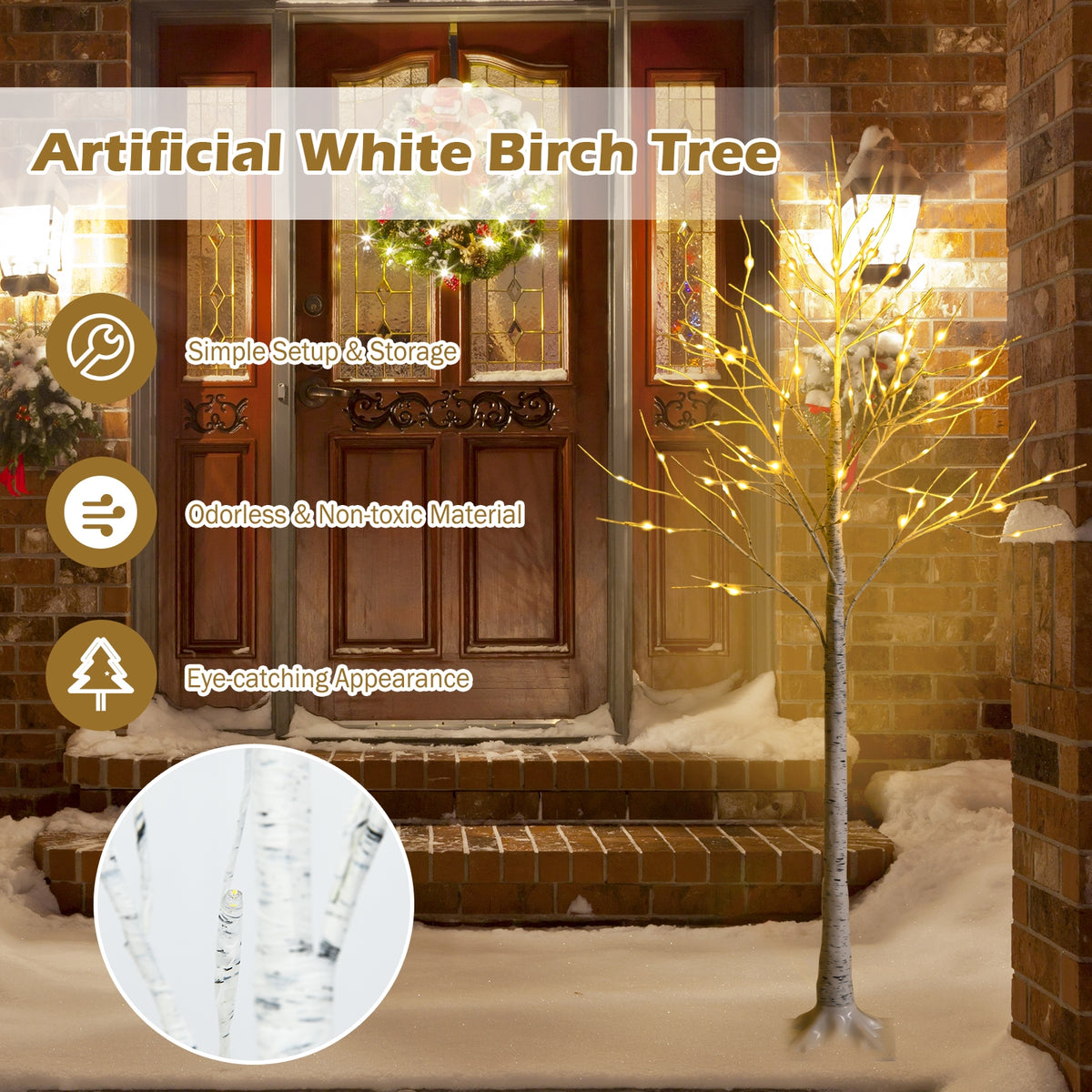 5 Feet Pre-lit Birch Tree with 72 LED Lights Indoor Christmas Decoration