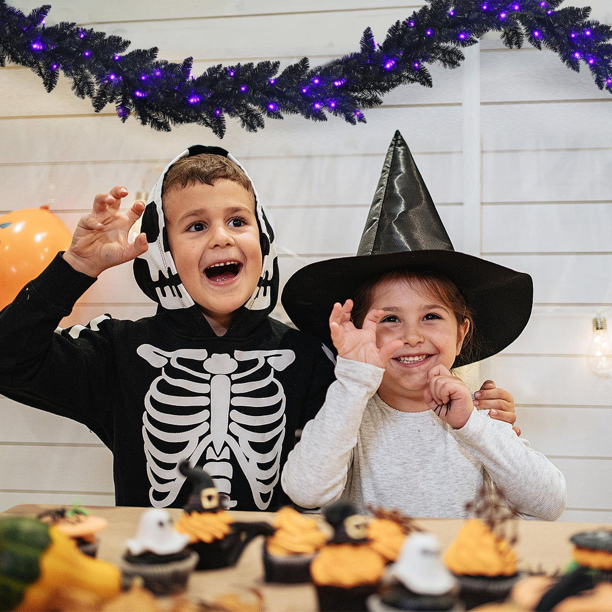 9 Feet Pre-lit Halloween Christmas Garland with Purple LED Lights - Black Theme, Waterproof, Timer, Costway
