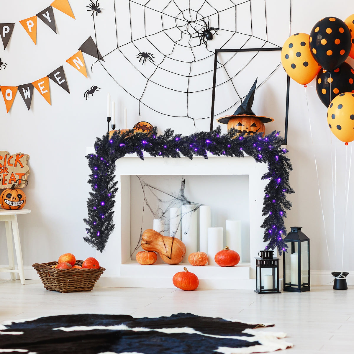 9 Feet Pre-lit Halloween Christmas Garland with Purple LED Lights - Black Theme, Waterproof, Timer, Costway