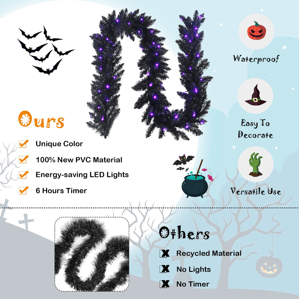 9 Feet Pre-lit Halloween Christmas Garland with Purple LED Lights - Black Theme, Waterproof, Timer, Costway