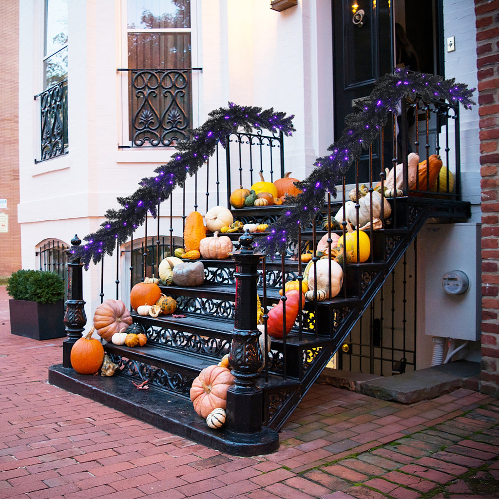 9 Feet Pre-lit Halloween Christmas Garland with Purple LED Lights - Black Theme, Waterproof, Timer, Costway