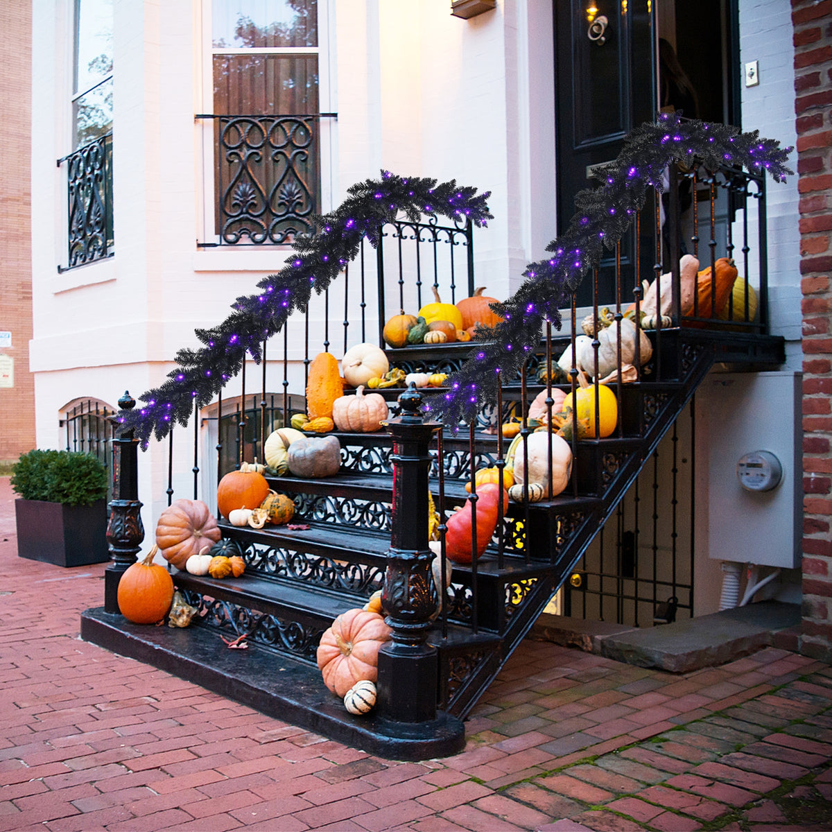 9 Feet Pre-lit Halloween Christmas Garland with Purple LED Lights - Black Theme, Waterproof, Timer, Costway
