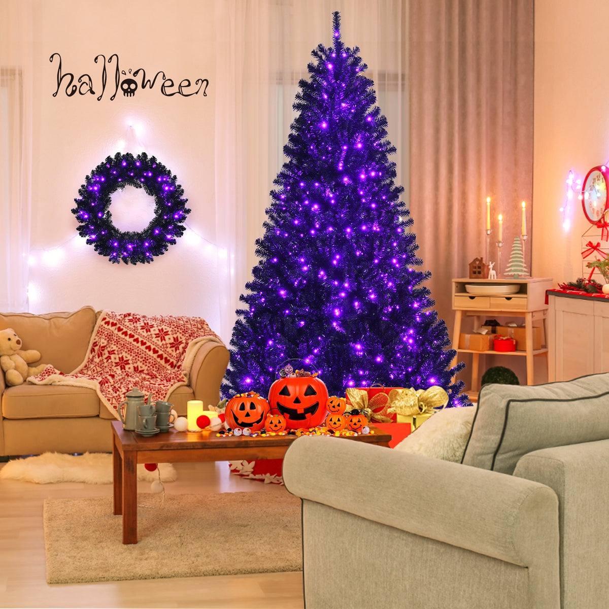 24 Inch Pre-lit Halloween Wreath with Purple LED Lights - Variation of THIS listing