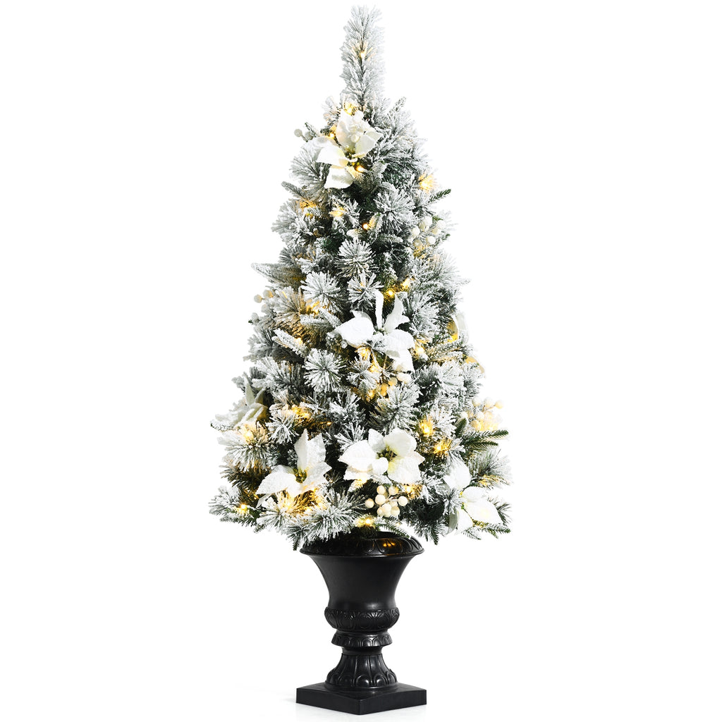 Pre-lit Snowy Christmas Entrance Tree with Berries & Flowers - 4 Feet