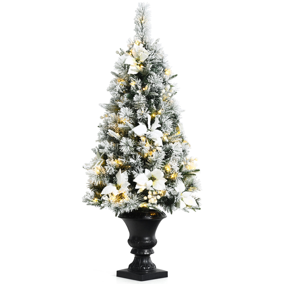 Pre-lit Snowy Christmas Entrance Tree with Berries & Flowers - 4 Feet