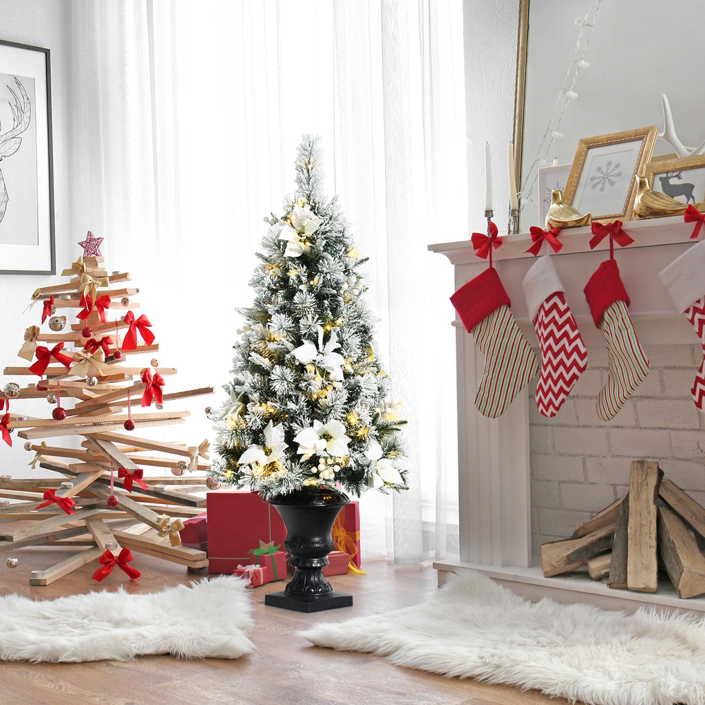 Pre-lit Snowy Christmas Entrance Tree with Berries & Flowers - 4 Feet
