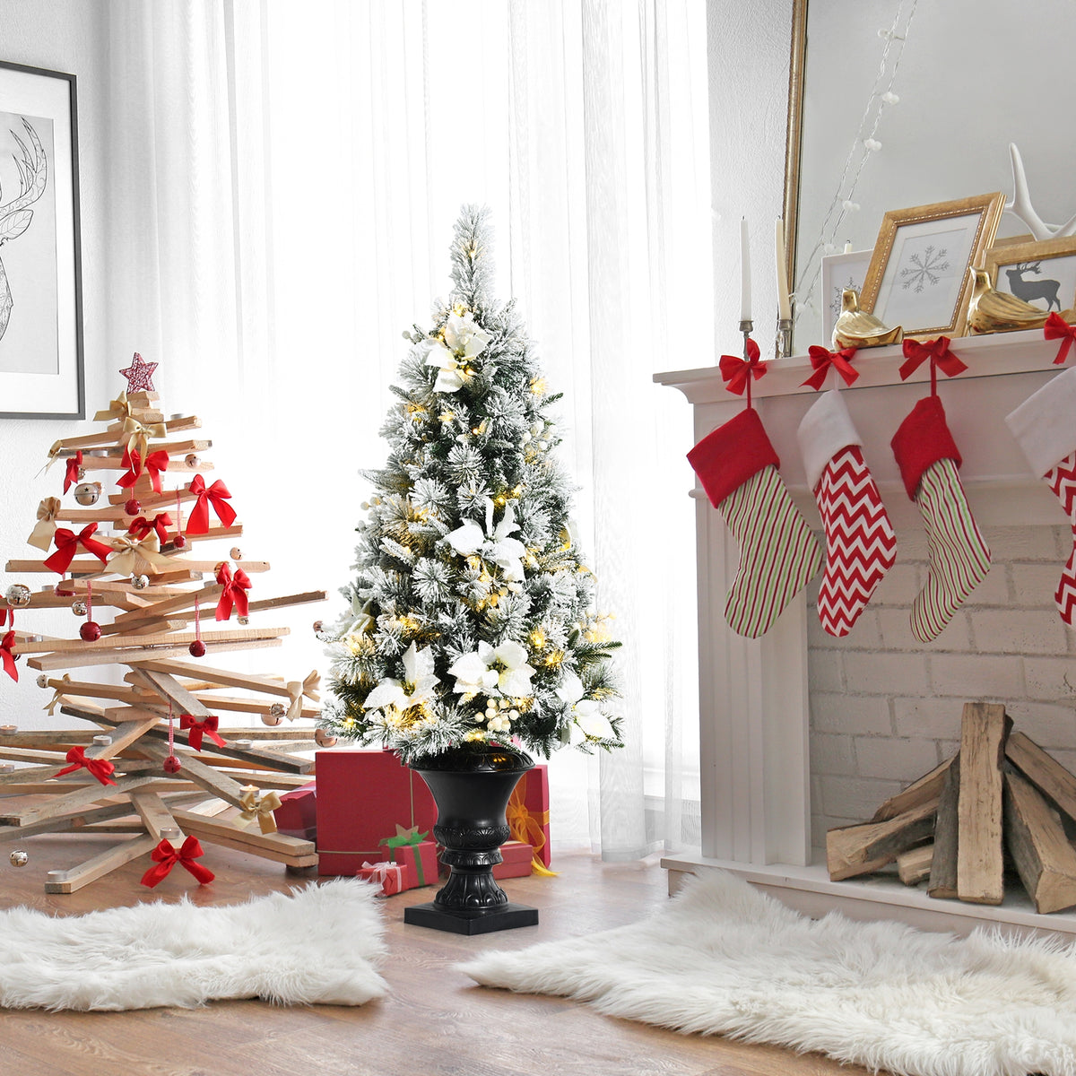 Pre-lit Snowy Christmas Entrance Tree with Berries & Flowers - 4 Feet