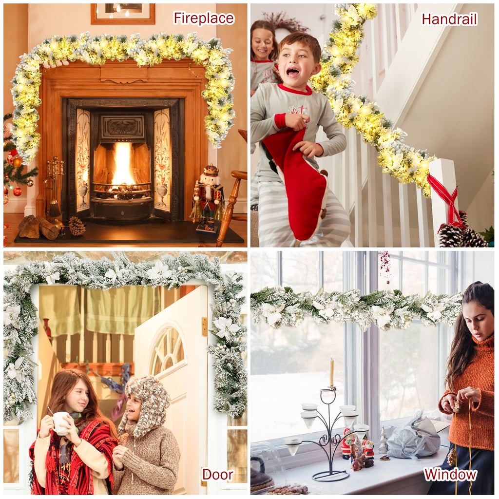 Snow Flocked 9 Feet Pre-Lit Artificial Christmas Garland with 50 LED Lights - White Berries