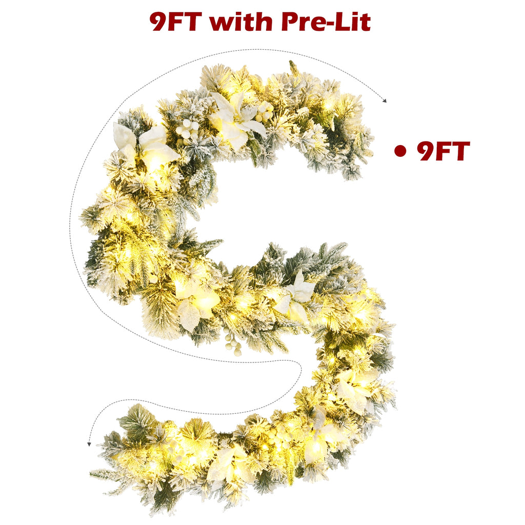 Snow Flocked 9 Feet Pre-Lit Artificial Christmas Garland with 50 LED Lights - White Berries
