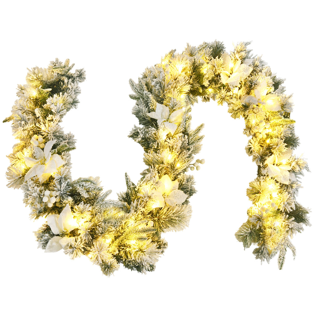Snow Flocked 9 Feet Pre-Lit Artificial Christmas Garland with 50 LED Lights - White Berries