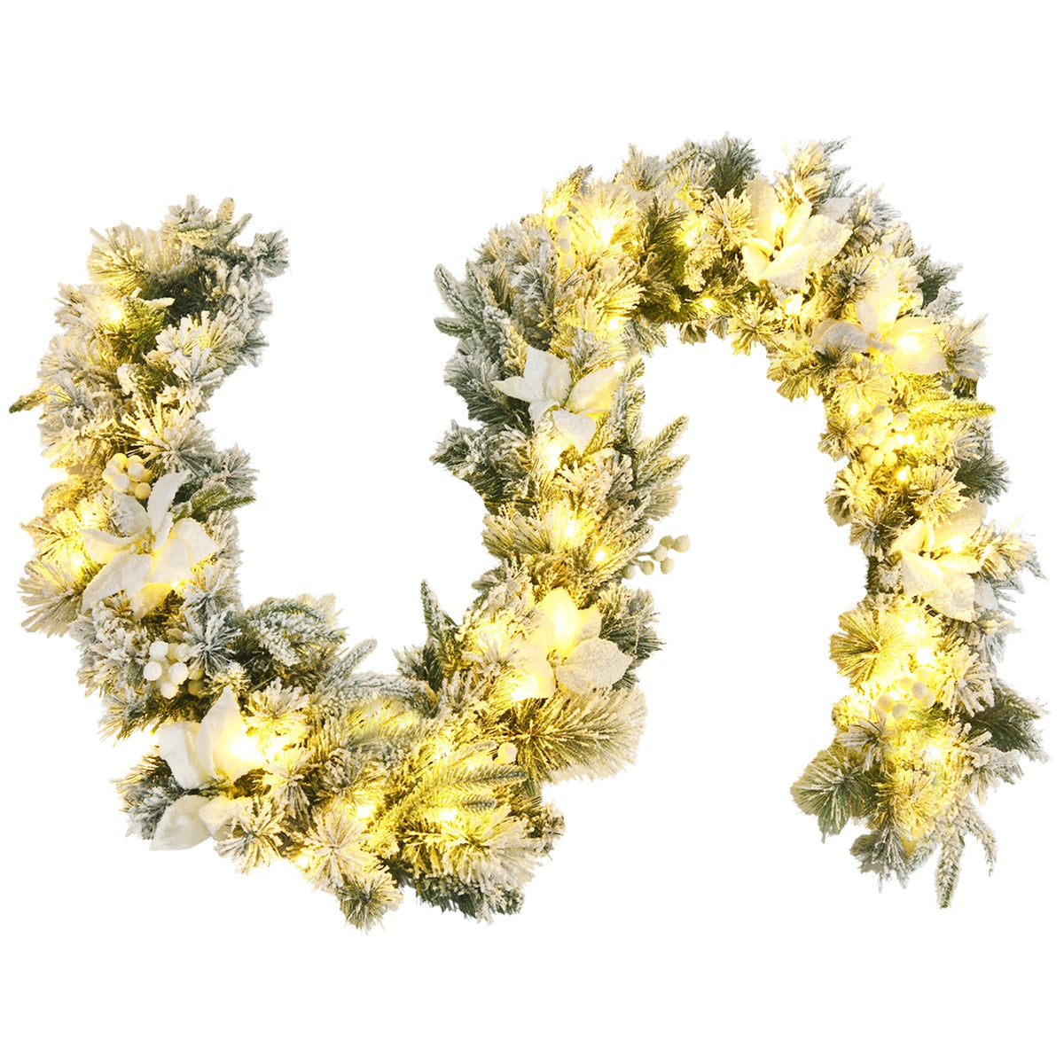 Snow Flocked 9 Feet Pre-Lit Artificial Christmas Garland with 50 LED Lights - White Berries