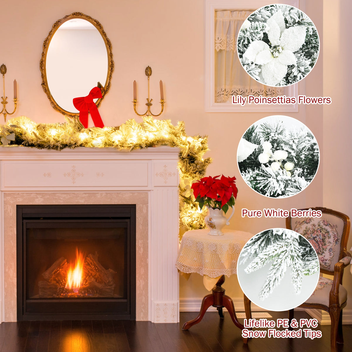 Snow Flocked 9 Feet Pre-Lit Artificial Christmas Garland with 50 LED Lights - White Berries