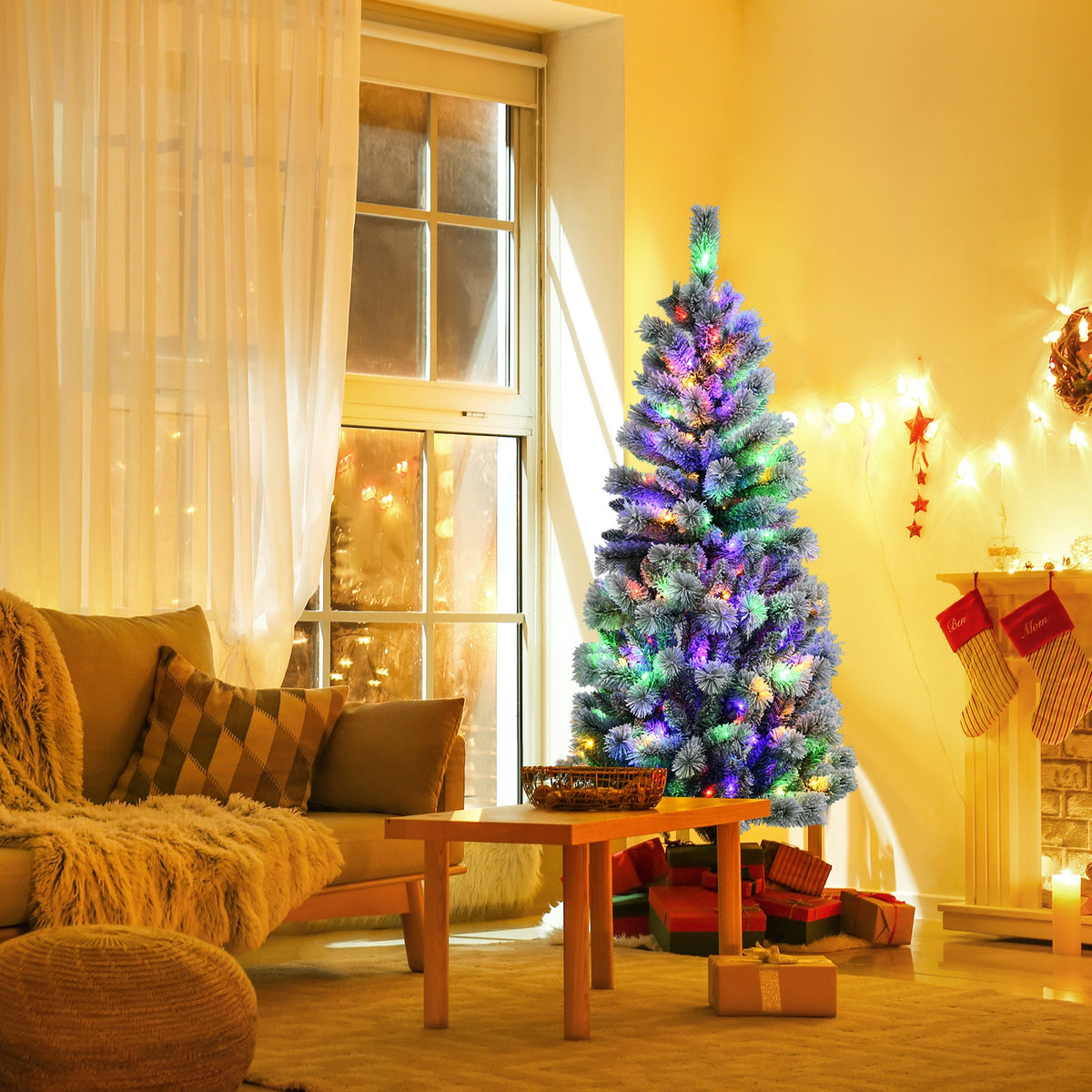 5/6/7.5/8 Feet Pre-lit Snow Flocked Christmas Tree with 9 Lighting Modes - Foldable & Sturdy Stand