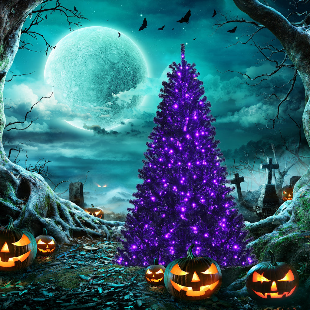 Black Artificial Christmas Halloween Tree with 6ft Purple LED Lights - Costway