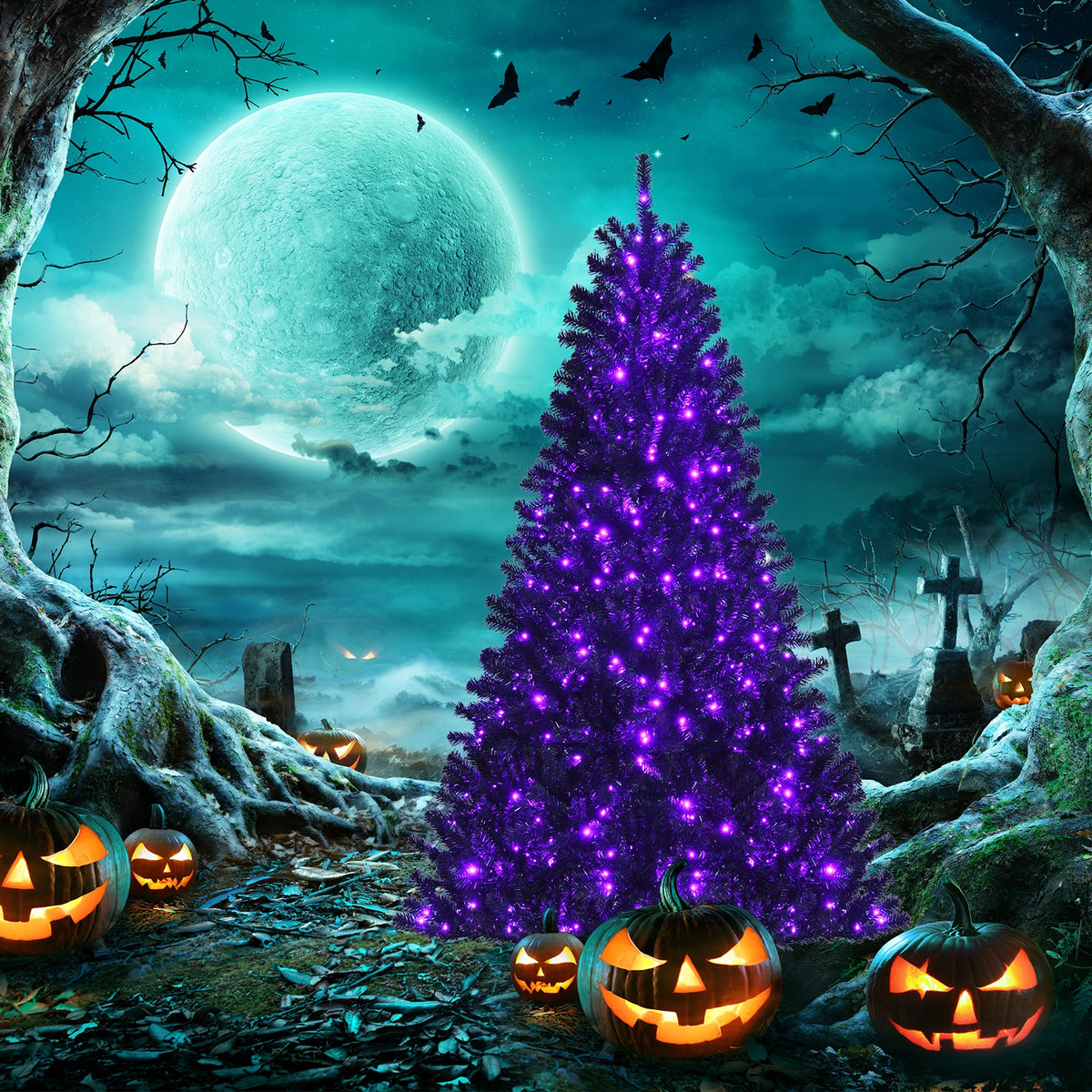 Black Artificial Christmas Halloween Tree with 6ft Purple LED Lights - Costway