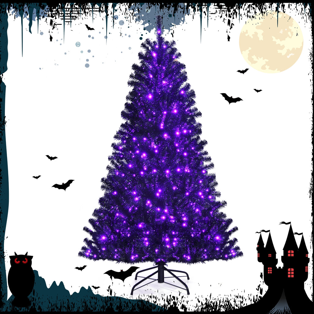 Black Artificial Christmas Halloween Tree with 6ft Purple LED Lights - Costway