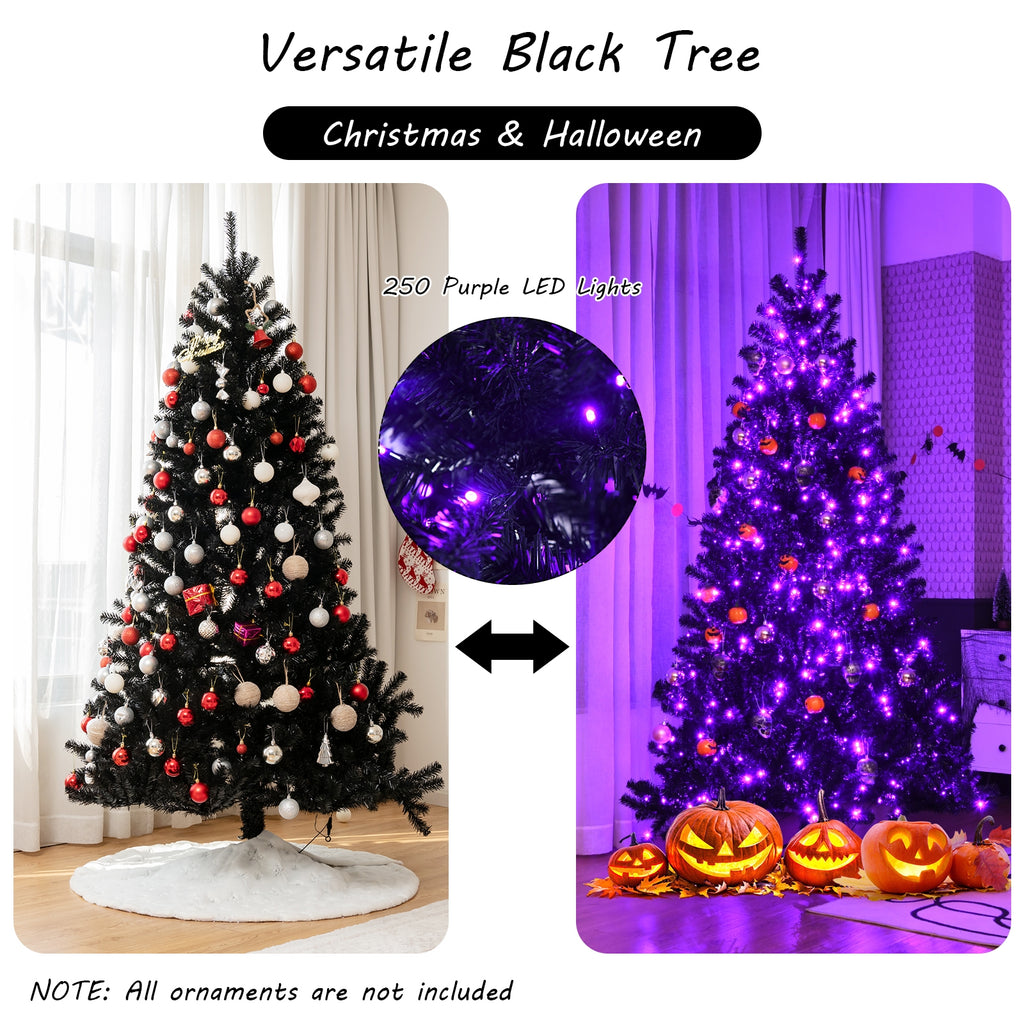 Black Artificial Christmas Halloween Tree with 6ft Purple LED Lights - Costway