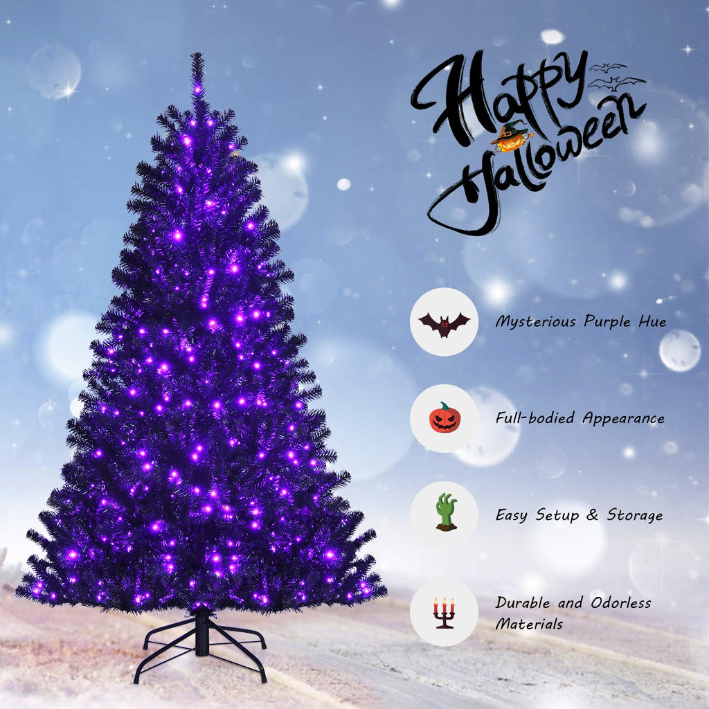 Black Artificial Christmas Halloween Tree with 6ft Purple LED Lights - Costway