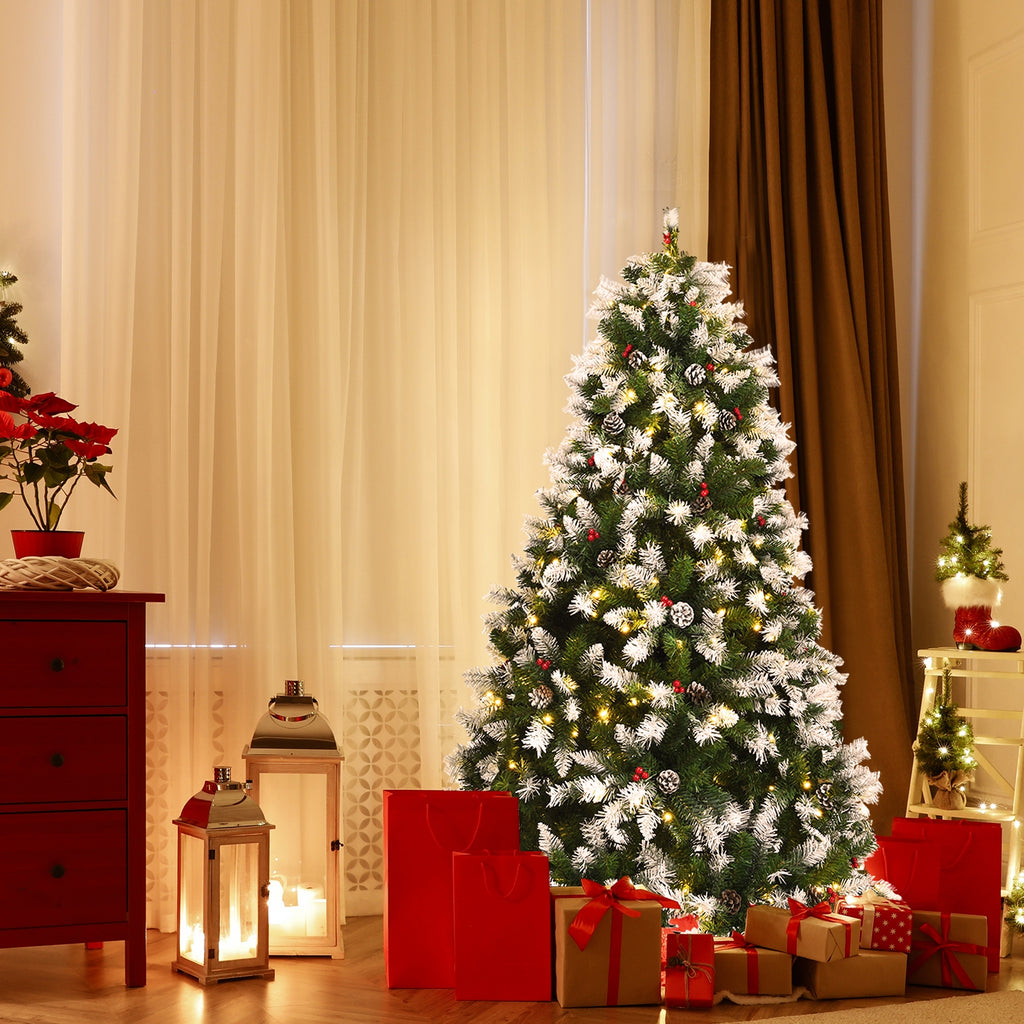 6 Ft Pre-lit Snow Flocked Christmas Tree with Red Berries & 8 Lighting Modes