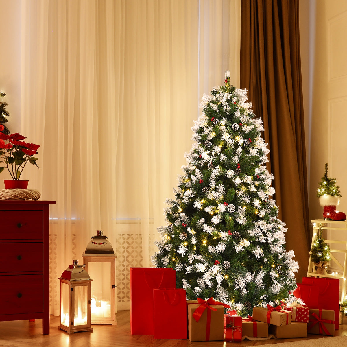 6 Ft Pre-lit Snow Flocked Christmas Tree with Red Berries & 8 Lighting Modes