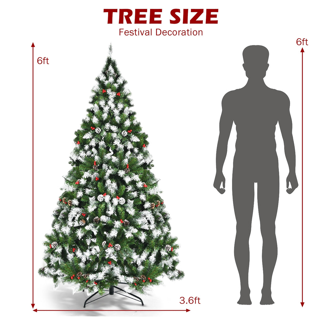 6 Ft Pre-lit Snow Flocked Christmas Tree with Red Berries & 8 Lighting Modes