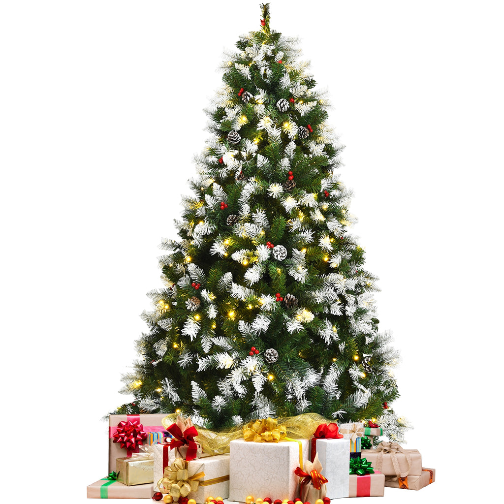 6 Ft Pre-lit Snow Flocked Christmas Tree with Red Berries & 8 Lighting Modes