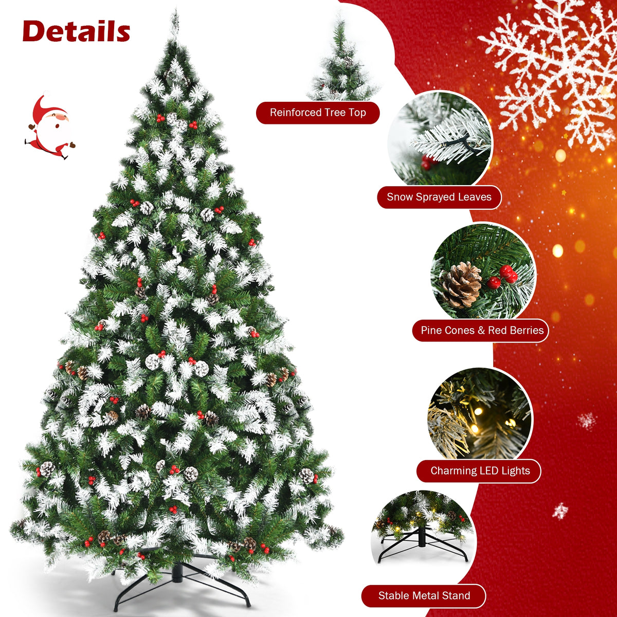 6 Ft Pre-lit Snow Flocked Christmas Tree with Red Berries & 8 Lighting Modes